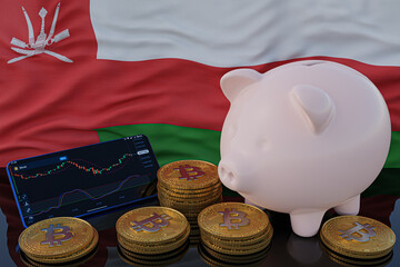Bitcoin and cryptocurrency investing. Oman flag in background. Piggy bank, the of saving concept. Mobile application for trading on stock. 3d render illustration.