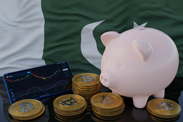 Bitcoin and cryptocurrency investing. Pakistan flag in background. Piggy bank, the of saving concept. Mobile application for trading on stock. 3d render illustration.