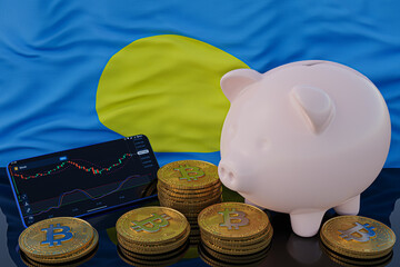 Bitcoin and cryptocurrency investing. Palau flag in background. Piggy bank, the of saving concept. Mobile application for trading on stock. 3d render illustration.