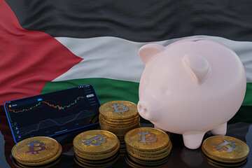 Bitcoin and cryptocurrency investing. Palestine flag in background. Piggy bank, the of saving concept. Mobile application for trading on stock. 3d render illustration.