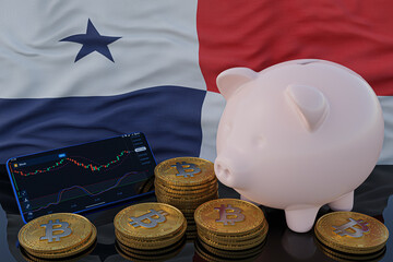 Bitcoin and cryptocurrency investing. Panama flag in background. Piggy bank, the of saving concept. Mobile application for trading on stock. 3d render illustration.