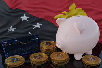 Bitcoin and cryptocurrency investing. Papua New Guinea flag in background. Piggy bank, the of saving concept. Mobile application for trading on stock. 3d render illustration.