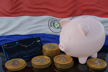 Bitcoin and cryptocurrency investing. Paraguay flag in background. Piggy bank, the of saving concept. Mobile application for trading on stock. 3d render illustration.