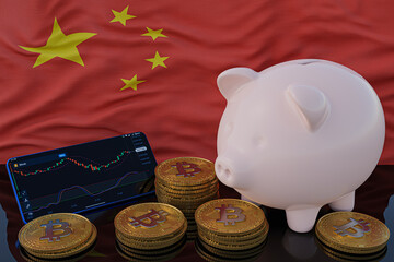 Bitcoin and cryptocurrency investing. Peoples Republic of China flag in background. Piggy bank, the of saving concept. Mobile application for trading on stock. 3d render illustration.