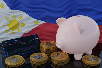 Bitcoin and cryptocurrency investing. Philippines flag in background. Piggy bank, the of saving concept. Mobile application for trading on stock. 3d render illustration.