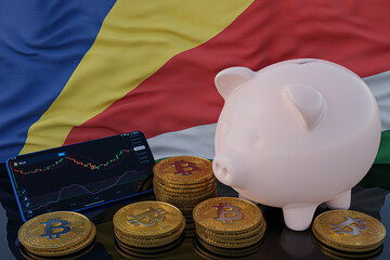 Bitcoin and cryptocurrency investing. Seychelles flag in background. Piggy bank, the of saving concept. Mobile application for trading on stock. 3d render illustration.