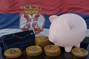 Bitcoin and cryptocurrency investing. Serbia flag in background. Piggy bank, the of saving concept. Mobile application for trading on stock. 3d render illustration.