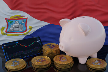 Bitcoin and cryptocurrency investing. Sint Maarten flag in background. Piggy bank, the of saving concept. Mobile application for trading on stock. 3d render illustration.