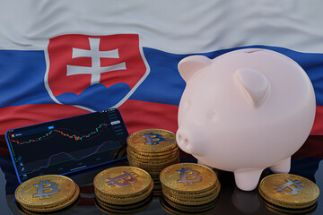 Bitcoin and cryptocurrency investing. Slovakia flag in background. Piggy bank, the of saving concept. Mobile application for trading on stock. 3d render illustration.