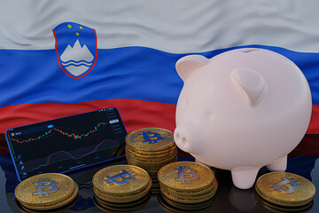 Bitcoin and cryptocurrency investing. Slovenia flag in background. Piggy bank, the of saving concept. Mobile application for trading on stock. 3d render illustration.