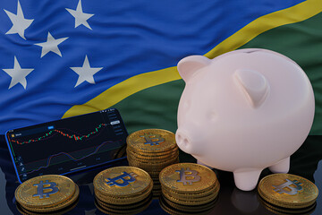 Bitcoin and cryptocurrency investing. Solomon Islands flag in background. Piggy bank, the of saving concept. Mobile application for trading on stock. 3d render illustration.