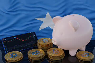 Bitcoin and cryptocurrency investing. Somalia flag in background. Piggy bank, the of saving concept. Mobile application for trading on stock. 3d render illustration.