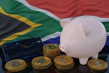 Bitcoin and cryptocurrency investing. South Africa flag in background. Piggy bank, the of saving concept. Mobile application for trading on stock. 3d render illustration.