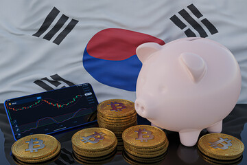 Bitcoin and cryptocurrency investing. South Korea flag in background. Piggy bank, the of saving concept. Mobile application for trading on stock. 3d render illustration.