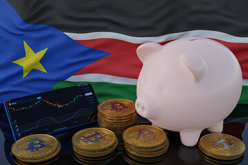 Bitcoin and cryptocurrency investing. South Sudan flag in background. Piggy bank, the of saving concept. Mobile application for trading on stock. 3d render illustration.