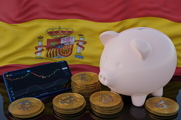Bitcoin and cryptocurrency investing. Spain flag in background. Piggy bank, the of saving concept. Mobile application for trading on stock. 3d render illustration.