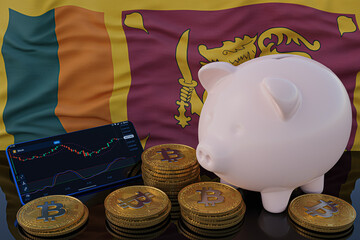 Bitcoin and cryptocurrency investing. Sri Lanka flag in background. Piggy bank, the of saving concept. Mobile application for trading on stock. 3d render illustration.