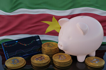 Bitcoin and cryptocurrency investing. Suriname flag in background. Piggy bank, the of saving concept. Mobile application for trading on stock. 3d render illustration.