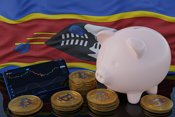 Bitcoin and cryptocurrency investing. Swaziland flag in background. Piggy bank, the of saving concept. Mobile application for trading on stock. 3d render illustration.