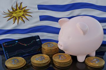 Bitcoin and cryptocurrency investing. Uruguay flag in background. Piggy bank, the of saving concept. Mobile application for trading on stock. 3d render illustration.