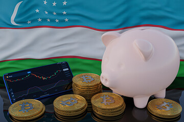 Bitcoin and cryptocurrency investing. Uzbekistan flag in background. Piggy bank, the of saving concept. Mobile application for trading on stock. 3d render illustration.