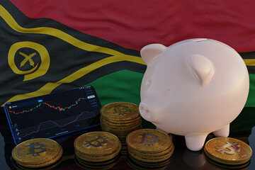 Bitcoin and cryptocurrency investing. Vanuatu flag in background. Piggy bank, the of saving concept. Mobile application for trading on stock. 3d render illustration.