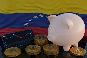 Bitcoin and cryptocurrency investing. Venezuela flag in background. Piggy bank, the of saving concept. Mobile application for trading on stock. 3d render illustration.