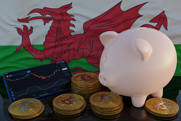 Bitcoin and cryptocurrency investing. Wales flag in background. Piggy bank, the of saving concept. Mobile application for trading on stock. 3d render illustration.