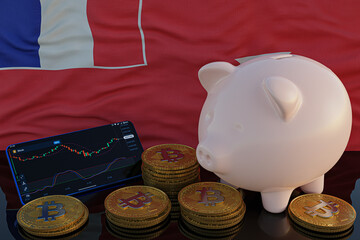 Bitcoin and cryptocurrency investing. Wallis and Futuna flag in background. Piggy bank, the of saving concept. Mobile application for trading on stock. 3d render illustration.