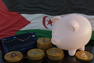 Bitcoin and cryptocurrency investing. Western Sahara flag in background. Piggy bank, the of saving concept. Mobile application for trading on stock. 3d render illustration.