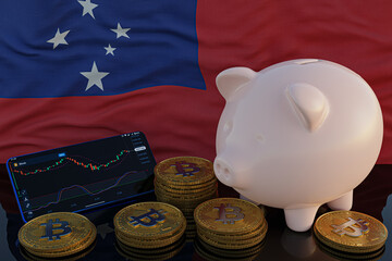 Bitcoin and cryptocurrency investing. Western Samoa flag in background. Piggy bank, the of saving concept. Mobile application for trading on stock. 3d render illustration.