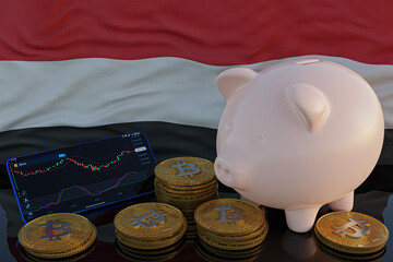 Bitcoin and cryptocurrency investing. Yemen flag in background. Piggy bank, the of saving concept. Mobile application for trading on stock. 3d render illustration.