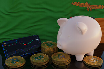 Bitcoin and cryptocurrency investing. Zambia flag in background. Piggy bank, the of saving concept. Mobile application for trading on stock. 3d render illustration.