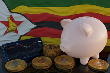 Bitcoin and cryptocurrency investing. Zimbabwe flag in background. Piggy bank, the of saving concept. Mobile application for trading on stock. 3d render illustration.