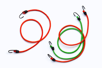 Braided elastic strap with hooks on white background.