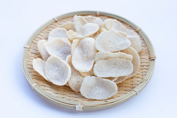 Prawn crackers on white background. Shrimp crispy rice snack