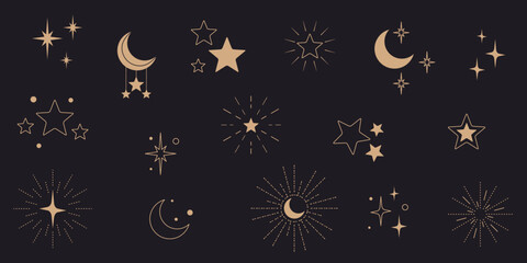 Gwiazdy i półksiężyce - błyszczące ikony. Gwieździsta noc, spadająca gwiazda, fajerwerki, migająca gwiazdka, świecące, złote wektorowe ilustracje. - obrazy, fototapety, plakaty