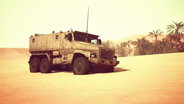 Armoured military truck in desert