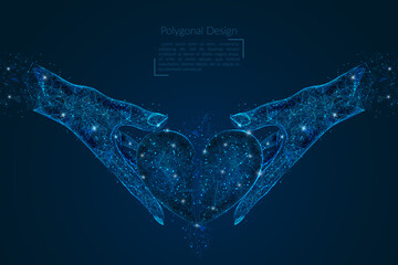 Abstract isolated image of human hand holding broken heart. Polygonal low poly style illustration looks like stars in the blask night sky in spase or flying glass shards.