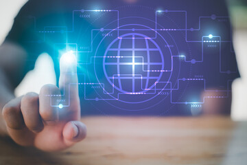 man touching digital hologram.