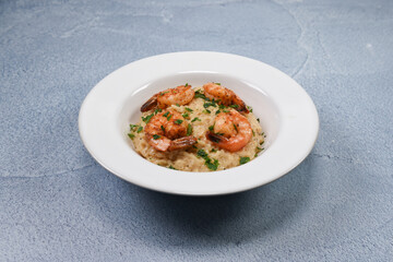 A delicious plate of shrimp risotto. 