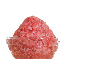 minced pork. fresh raw minced meat in a transparent cup isolated on white background.Minced meat...