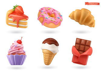 Sweet food 3d realistic render vector icon set. Cake, donut, croissant, cupcake, ice cream, chocolate - 492912855