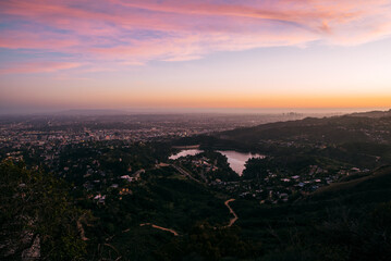 Colorful Sunset over Los Angeles Skyline seen from Griffith Park, California