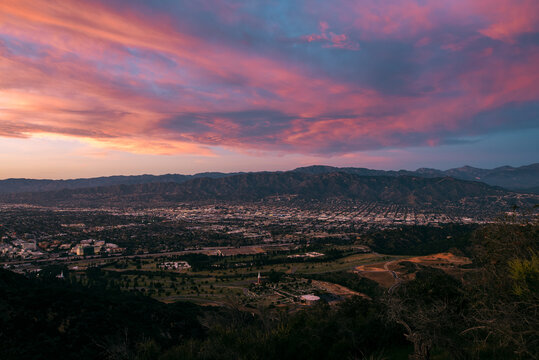 Colorful sunset over Los Angeles, North Hollywood, Burbank from Griffith Park, Los Angeles, California