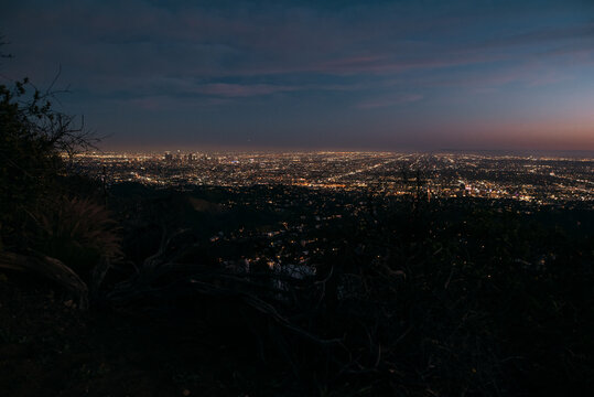 Night view of Los Angeles skyline at night from Griffith Park after sunset, Los Angeles, California