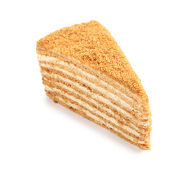 Slice of delicious honey cake isolated on white