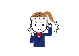 合格はちまきをして気合のガッツポーズをする女子生徒