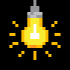 Pixel light bulb in pixel art style. Creative design. Electric power. Business solution concept. Vector illustration. stock image. 