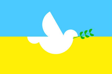 Flag ukraine dove branch in cartoon style. No war. Yellow blue. Support ukraine sign. Vector illustration. stock image.